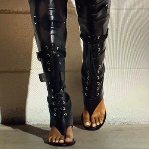 Black Lace-Up Open-Toe Heeled Boots